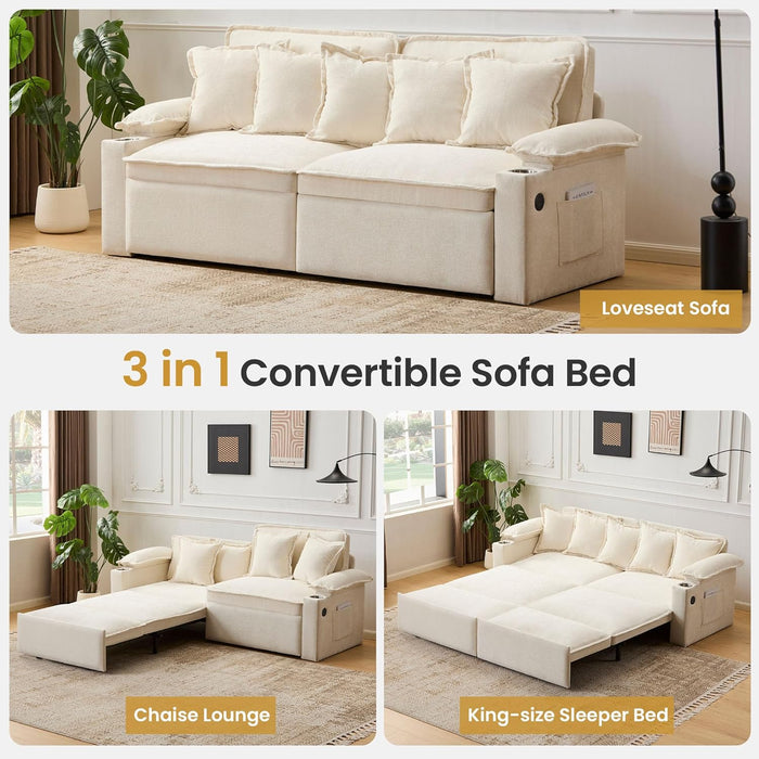 King Size Beige UltraLuxurious Sleeper Sofa USBPortsPro