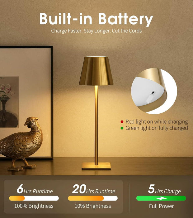 3 Pack Cordless Table Lamp, Battery Operated Lamp - Portable Waterproof Rechargeable Table Lamp W/ 3 Color Temps & Stepless Dimming for Dinner, Desk, Cafe, Outdoor (Brushed Gold)