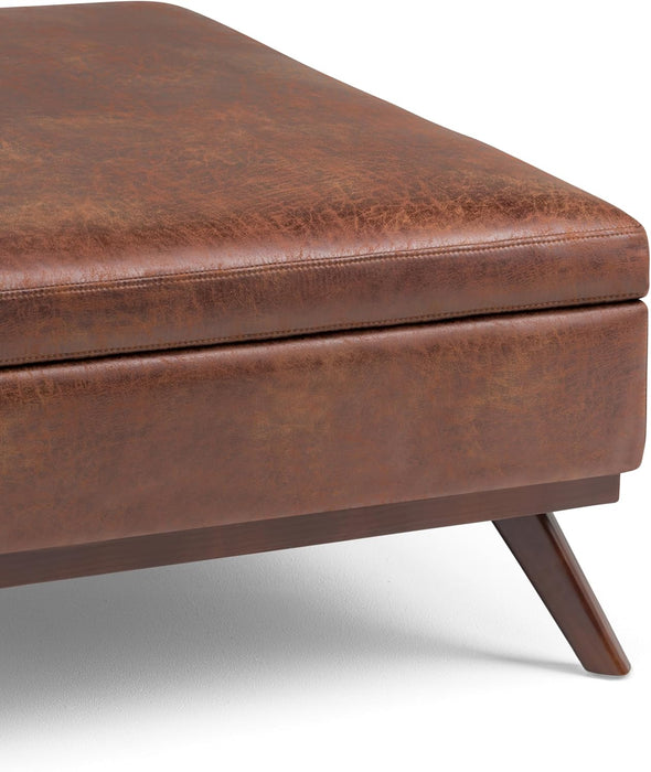 Owen 36 Inch Wide Mid Century Modern Square Coffee Table Storage Ottoman in Distressed Saddle Brown Vegan Faux Leather, Assembled, for the Living Room, Entryway and Family Room