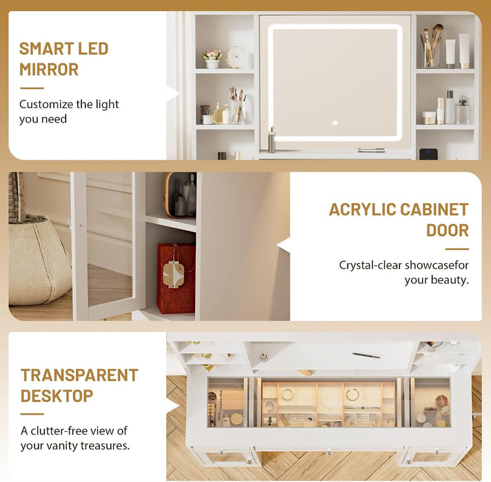43.3" White Large Makeup Vanity Desk with Glass Top & RGB Lights | Smart LED Mirror, Acrylic-Cabinet, Charging-Station, Hairdryer-Rack
