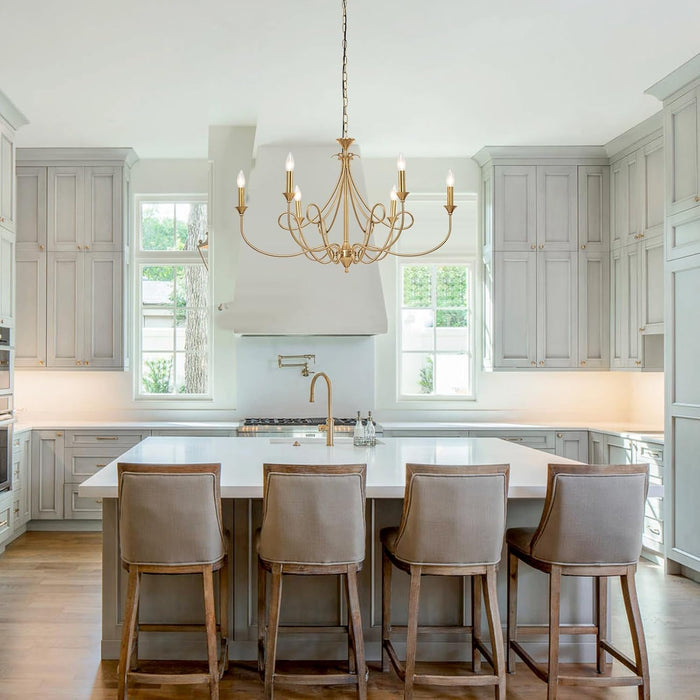 6-Light Modern Chandelier 36.6" Brass Candle Chandeliers Metal Gold Pendant Light Fixture for Dining Room Living Room Kitchen Island Foyer Entryway, E12 Base