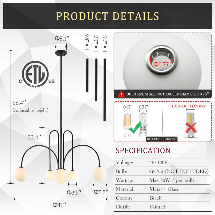 Modern Black Chandelier 6 Lights Sputnik Chandelier for Dining Room Large L40” Mid Century Ceiling Pendant Light Fixtures with Withe Glass Globe Shades for Foyer Bedroom