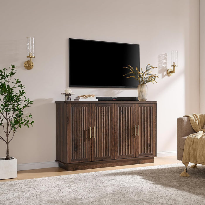 Modern Sideboard Buffet Cabinet with Storage, Walnut | Fluted Coffee Bar Cabinet with 4 Doors & Adjustable Shelves for Kitchen, Dining Room, Living Room & Hallway