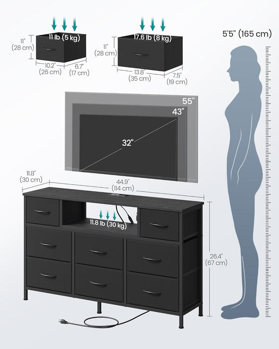 BELLAH Collection - Dresser for Bedroom with Outlets and LED Lights, TV Stand for Tvs up to 55 Inches, Chest of Drawers, 8 Drawers, Steel, Industrial, Modern, Ink Black ULGS433BH02S