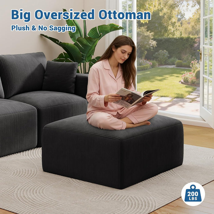 40" Square Stuffed Ottoman Pouf for Sofa Couch, Corduroy Poufs with Foam Chunk Filling, Furry & Fluffy Pouf Footstool Movable Ottoman. 40*31 Floor Poufs Foot Rest for Living Room, Black(2 Piece Set)