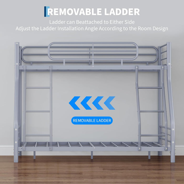 Twin over Full Bunk Bed Frame, Heavy Duty Metal Bunk Beds for Kids/Teens/Adults, 450 Lbs Upper & 500 Lbs Lower Capacity, Slot-Type Assembly, Reversible Ladder, 11.7" Safety Guardrails，Grey