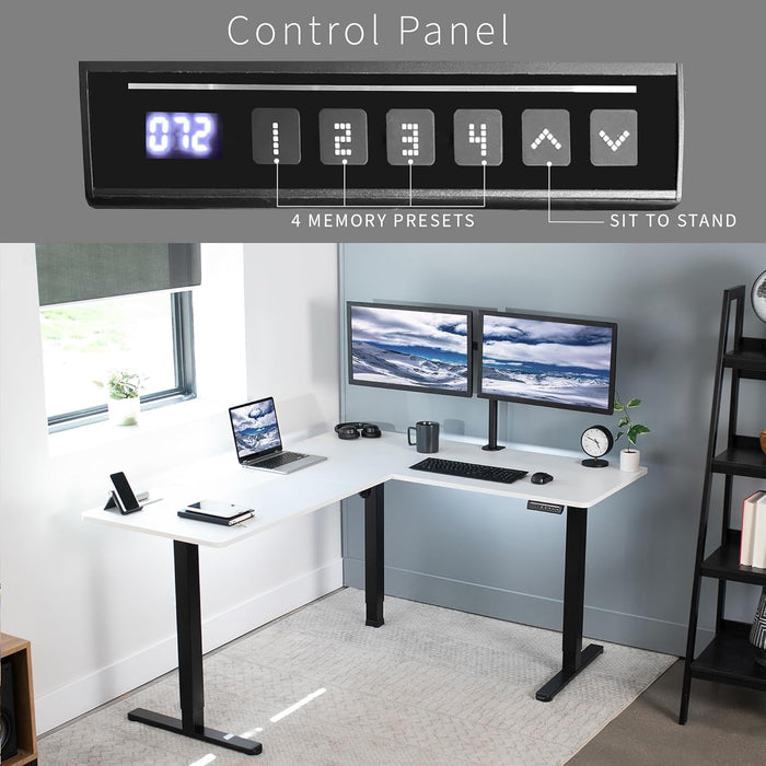 Corner Standing Desk, 63 X 55 Inch Reversible L-Shaped Workstation, Electric Height Adjustment, Home, Office, and Reception Rooms, White Table Top Black Frame, DESK-E3CTBW