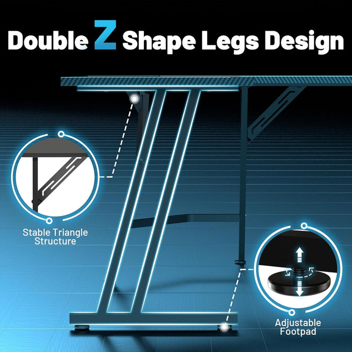 51 Inch L Shaped Gaming Desk with Monitor Stand and LED Lights, Corner Computer Desk with Carbon Fiber Surface, PC Gaming Table for Home Office Writing Workstation, Easy to Install, Black - ShipItFurniture