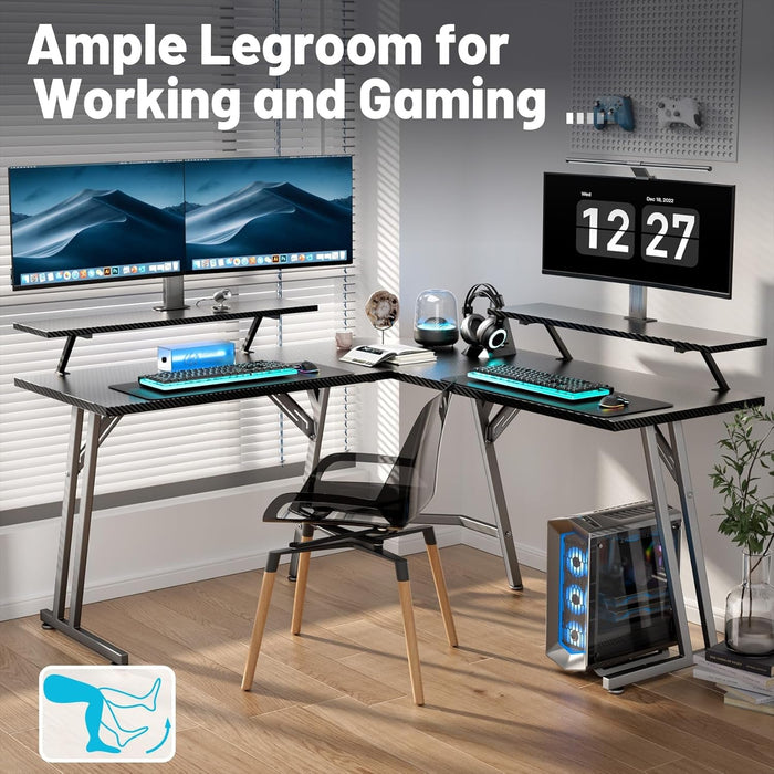 51 Inch L Shaped Gaming Desk with Monitor Stand and LED Lights, Corner Computer Desk with Carbon Fiber Surface, PC Gaming Table for Home Office Writing Workstation, Easy to Install, Black - ShipItFurniture