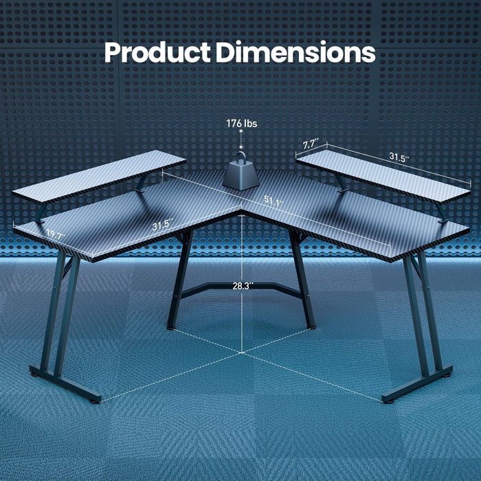 51 Inch L Shaped Gaming Desk with Monitor Stand and LED Lights, Corner Computer Desk with Carbon Fiber Surface, PC Gaming Table for Home Office Writing Workstation, Easy to Install, Black - ShipItFurniture