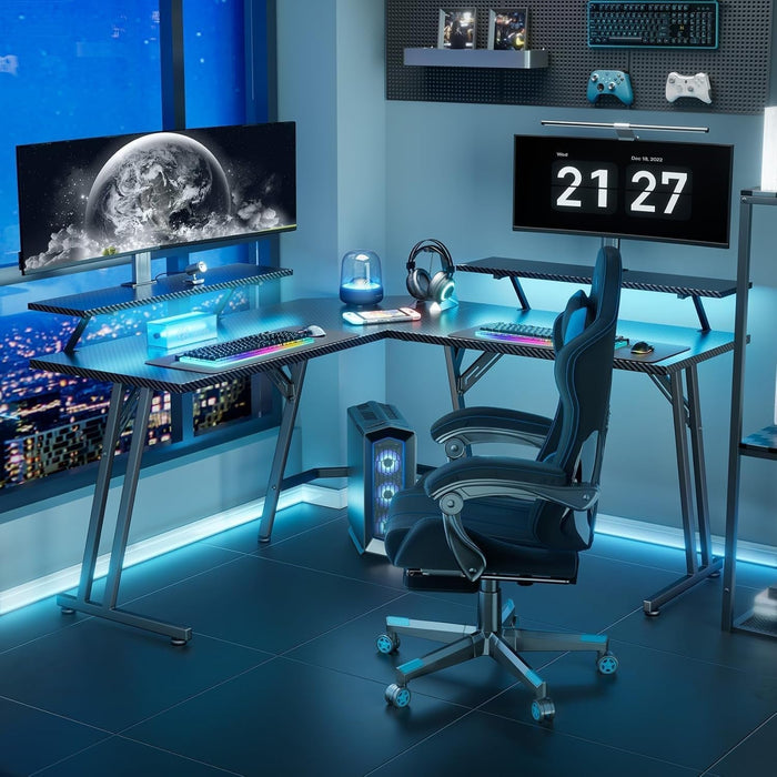 51 Inch L Shaped Gaming Desk with Monitor Stand and LED Lights, Corner Computer Desk with Carbon Fiber Surface, PC Gaming Table for Home Office Writing Workstation, Easy to Install, Black - ShipItFurniture