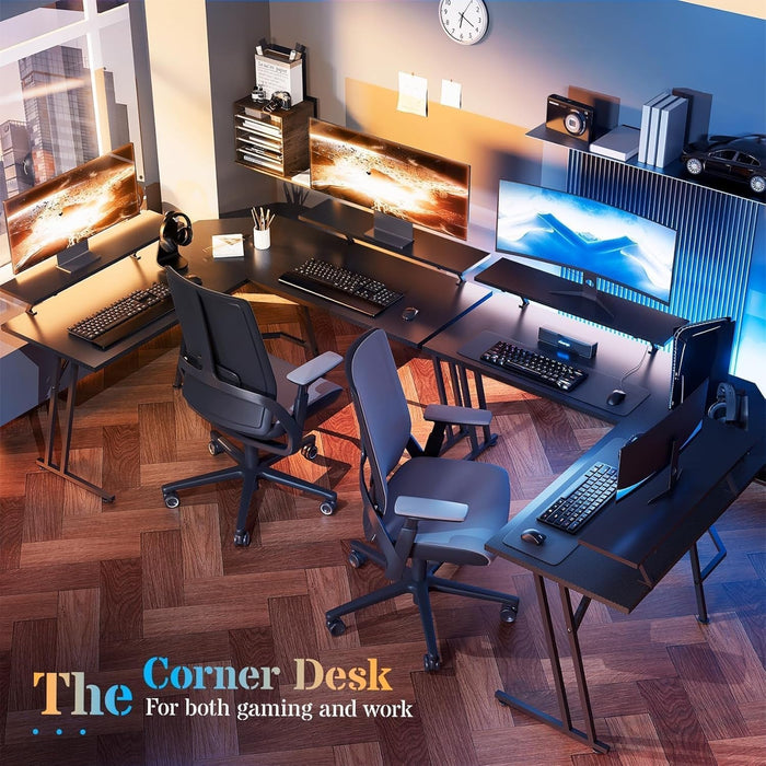 51 Inch L Shaped Gaming Desk with Monitor Stand and LED Lights, Corner Computer Desk with Carbon Fiber Surface, PC Gaming Table for Home Office Writing Workstation, Easy to Install, Black - ShipItFurniture