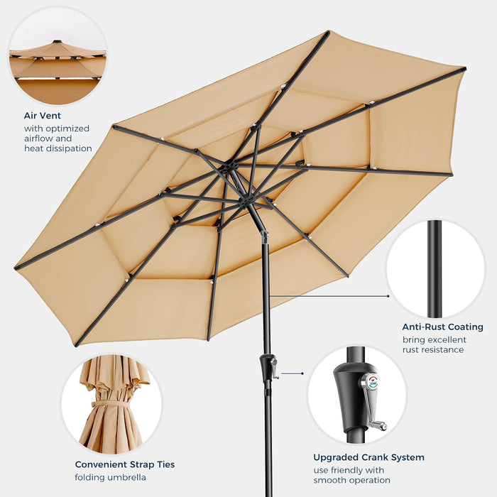 9FT 3-Tier Patio Umbrella, Vented Outdoor Market Table Umbrella | 5-Year Fade Resistant Commercial Canopy with UPF50+ UV Protection. Push Button Tilt & Crank for Pool, Backyard, Deck Shade
