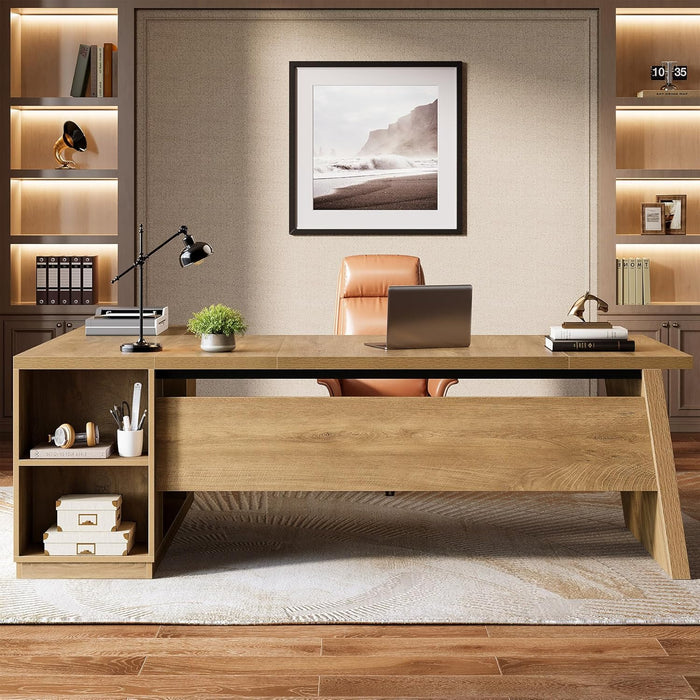 Executive Corner Desk 78Inch Drawers Brown Shelves