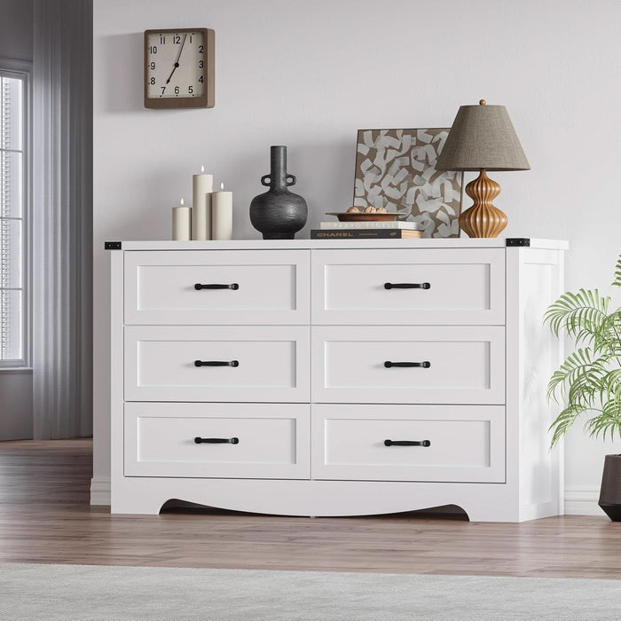 6-Drawer Dresser for Bedroom – 47" Wide Modern Wooden Chest with Natural Wood Texture, TV Stand & Storage, Metal Corner Brackets, Wood Drawer Organizer for Living Room, Hallway