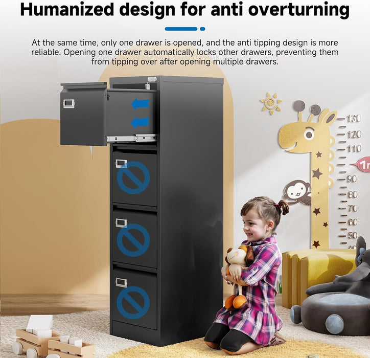 4 Drawer File Cabinet with Lock Metal Vertical File Cabinet Office Home Vertical File Cabinet for A4 Legal/Letter Size Narrow File Cabinet Locked,Assembly Required