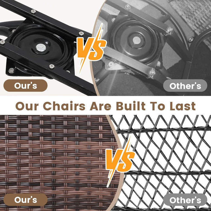 2 Luxury Outdoor Swivel Wicker Glider Patio Chairs with Table Set, Overstuffed Washable Cushions, Ideal for Porch, Balcony, Deck, Brown Rattan and Beige Cushions