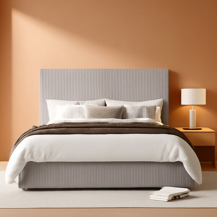 Full Bed Frame, Upholstered Platform Bed, Adjustable Vertical Channel Tufted Headboard, Corduroy Fabric, Modern Low Profile, Wooden Slats, No Box Spring Needed, Easy Assembly, Light Grey