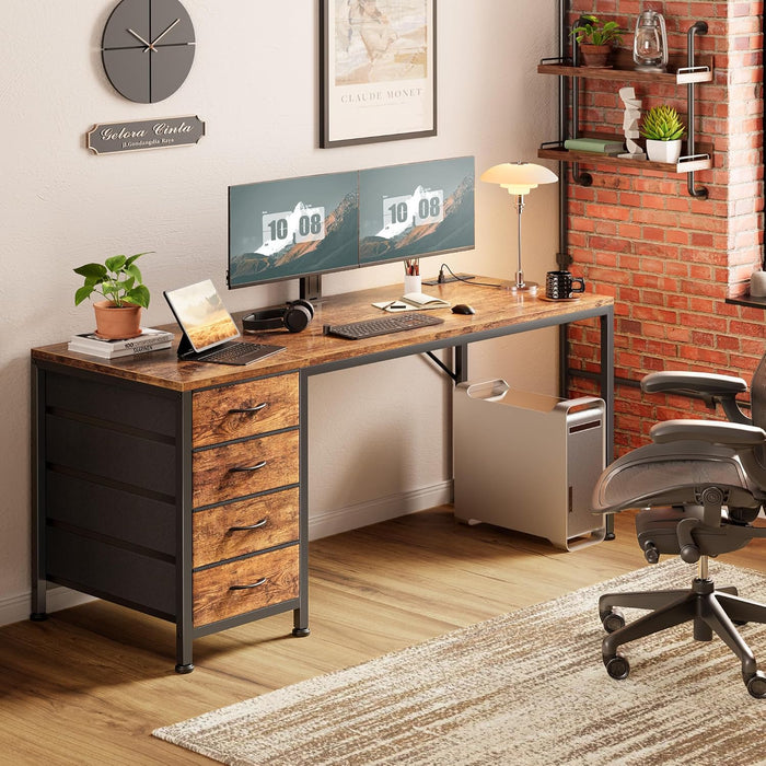 55.1 Inch Computer Office Desk with Power Outelts and USB-C Port, Reversible Gaming Desk with 4 Fabric Drawers, Work Study Desk Work from Home, Rustic Brown