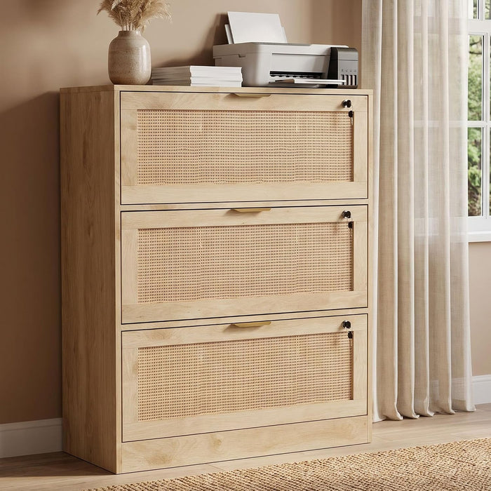 Extra Large 3 Drawers Rattan File Cabinet with Lock