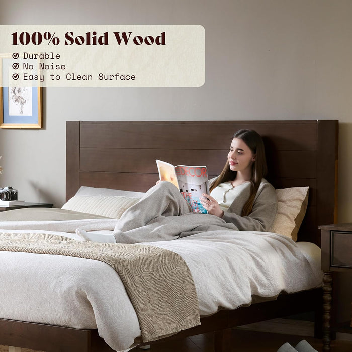 Queen Size Solid Wood Bed Frame with 48" Headboard Design, Walnut