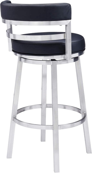 Madrid 30" Seat Height Swivel Modern Black Faux Leather and Brushed Stainless Steel Bar Stool for Kitchen Island Counter