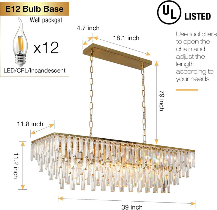 39" Modern Rectangle Crystal Chandelier, Gold Linear Pendant Light with Clear Crystal Prisms, Luxury Island Lighting Fixture for Dining Room Kitchen Table Living Room