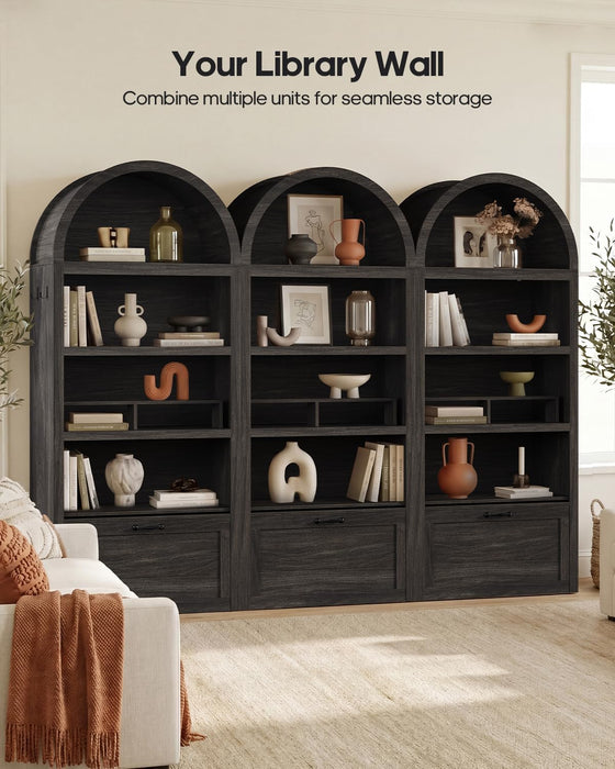 76.6" Arched Bookshelf with Rolling Storage Bench, Wood Tall Arch Bookcase | 5-Tier with Bookshelf Riser, Multi-Functional Display Cabinet, Bookshelf with Storage for Living Room, Entryway