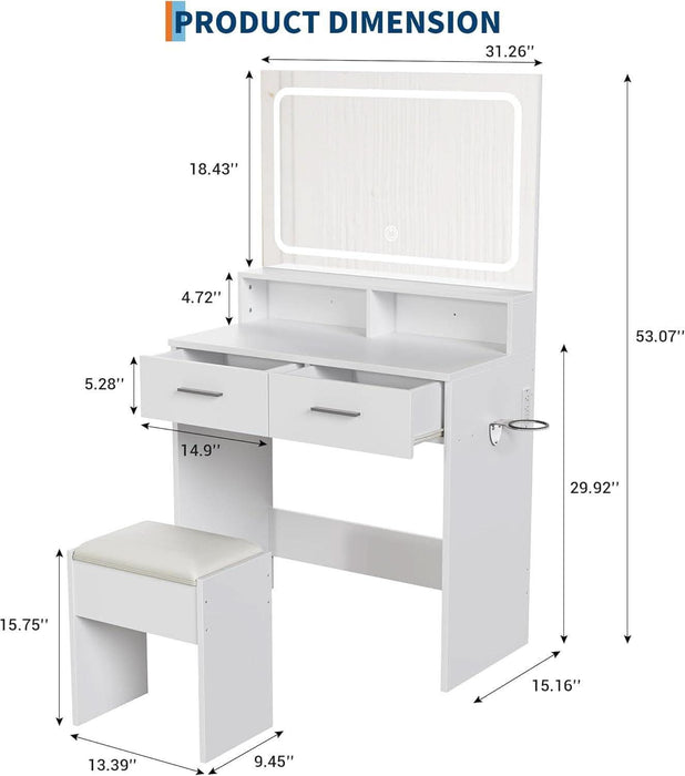 Vanity Desk with Mirror and Lights, 3 Color Modes Makeup Vanity with Cushioned Stool, 2 Drawers & Charging Station, Modern Dressing Table for Bedroom, Makeup Studio, White