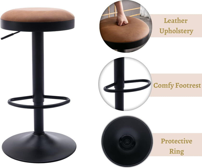 Modern Swivel Bar Stools Set of 2 Adjustable Counter Height Backless Barstools with Metal Base Leather Upholstered round Bar Stool Chairs for Kitchen Island/Pub/Breakfast Bar, Brown