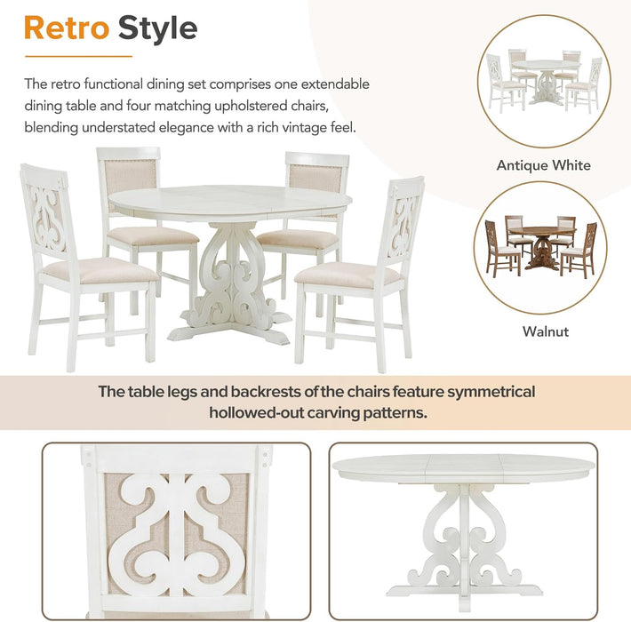 round Solid Wood Dining Table Set for 4, Farmhouse Kitchen Table Set with 4 Upholstered Chairs, 5-Piece Table and Chairs Set for Kitchen, Dining Room, Living Room, Antique White