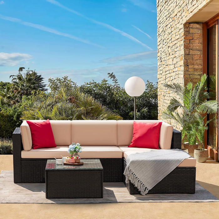 5 Piece Patio Conversation Set Wicker Rattan Furniture Outdoor Sofa with Cushions,Pillows & Glass Table for Porch,Lawn and Yard,Beige