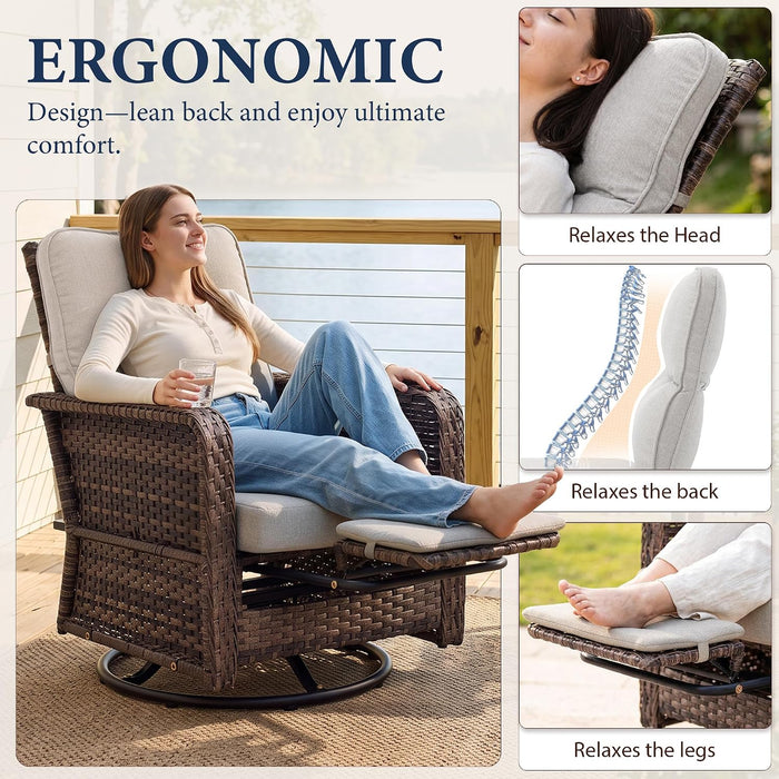 3 Piece Patio Furniture Set, Swivel Rocking Recliner Chairs with Footrests