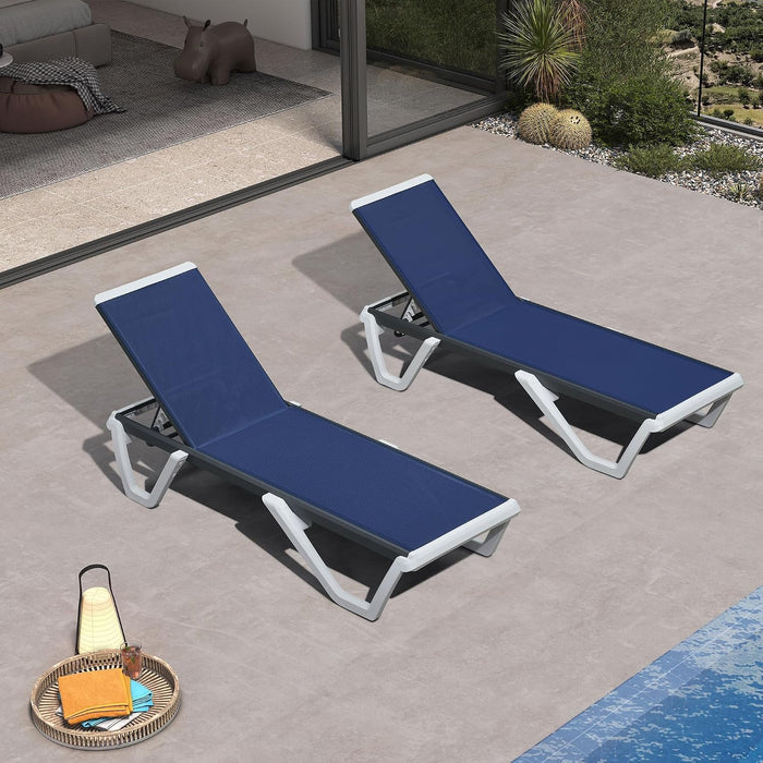 Lounge Chair Outdoor Set of 2 Chaise Lounge W/Wheel, Navy Blue