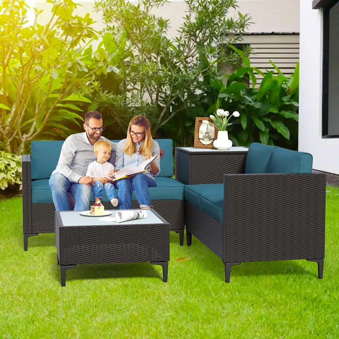 4-Piece Rattan Patio Furniture Set, Waterproof Wicker Outdoor Sectional Sofa with Thick Cushions, All-Weather PE Rattan Conversation Set for Porch, Poolside (Peacock Blue, Black Rattan)