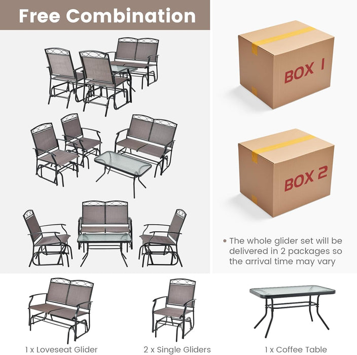 4 Pcs Patio Glider Set, Outdoor Gliding Loveseat W/Tempered Glass Coffee Table, Heavy-Duty Patio Furniture Set for Backyard, Porch, Poolside (4 PCS Patio Glider Set)