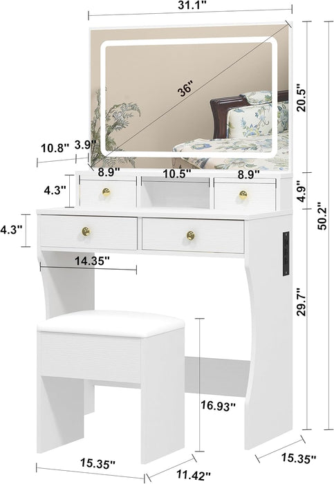 Vanity Desk Set with Adjustable LED Lighted Mirror, Girls Makeup Dressing Table with Stool and 4 Drawers Storage Makeup Table with Power Outlet for Bedroom (White)