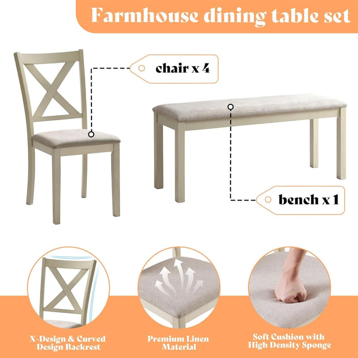 6-Piece Farmhouse Dining Table Set with 4 Upholstered Chairs and Bench, 71” Solid Wood Table, Seating for 6, for Dining Room or Kitchen, Rustic White & Walnut Finish