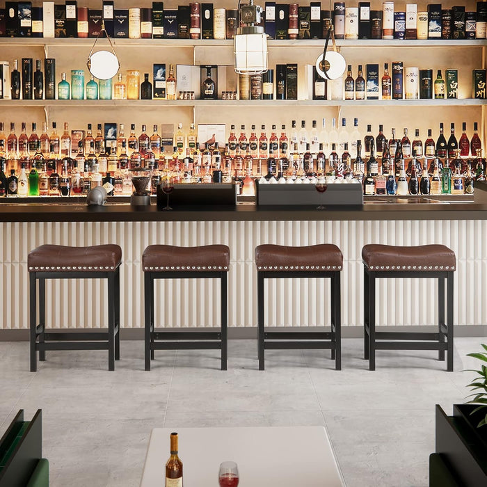 Brown Bar Stools Set of 2, Counter Height Bar Stool, Saddle Barstools, Pu Leather Stools with Metal Frame for Kitchen Island, 918P-BR