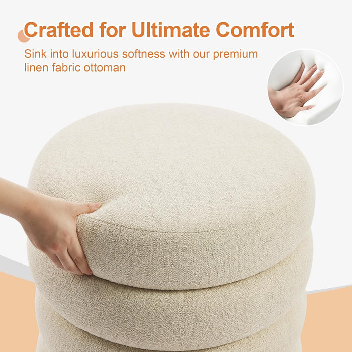 round Storage Ottoman, 20" Small Ottomans Table with Removable Lid, Linen Fabric Soft Footrest Stools for Couch, Upholstered Stuffed Circle Seat for Living Room/Bedroom/Dorm/Vanity, Beige