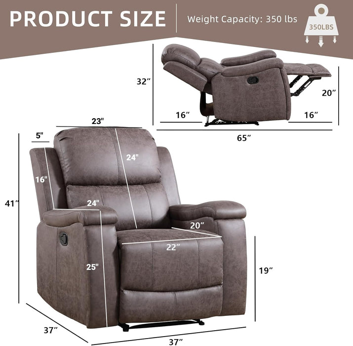 Leather Recliner Chair, Manual Recliner Chair for Adults with Overstuffed Arms and Back, Single Sofa Recliner with Cup Holders for Living Room (1, Grey)