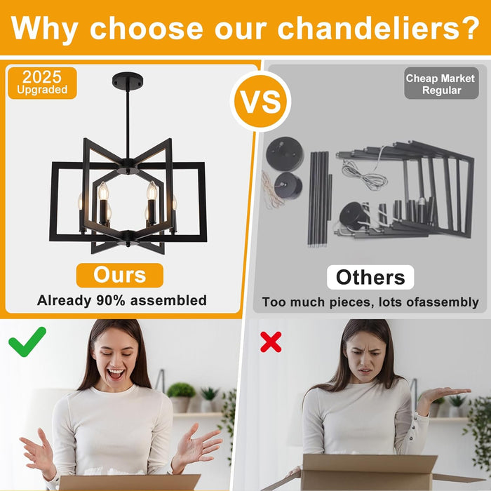 21.6" Black Farmhouse Chandelier,6-Light Geometric Dining Room Fixture,Modern Industrial Foyer Lighting Fixtures,Rustic Farmhouse Hanging Pendant Lights for Kitchen Island,Living Room,Bedroom,Entryway