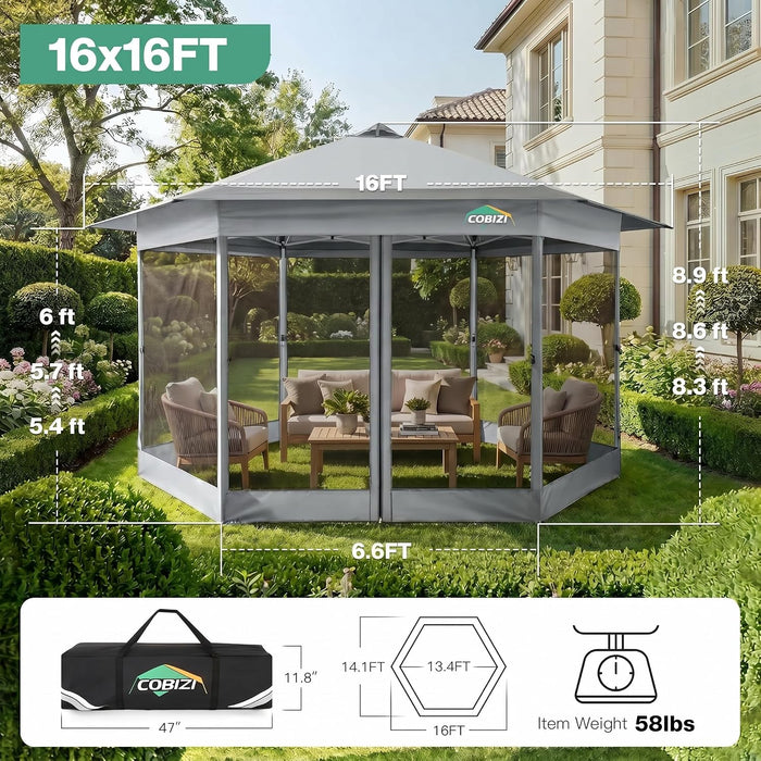 16X16 Pop up Gazebo on Clearance, Hexagonal Outdoor Canopy Tent with Mosquito Netting，Adjustable Height and 256 Square Ft of Shade for Party, Backyard, Gardens with Vented Top（Gray）