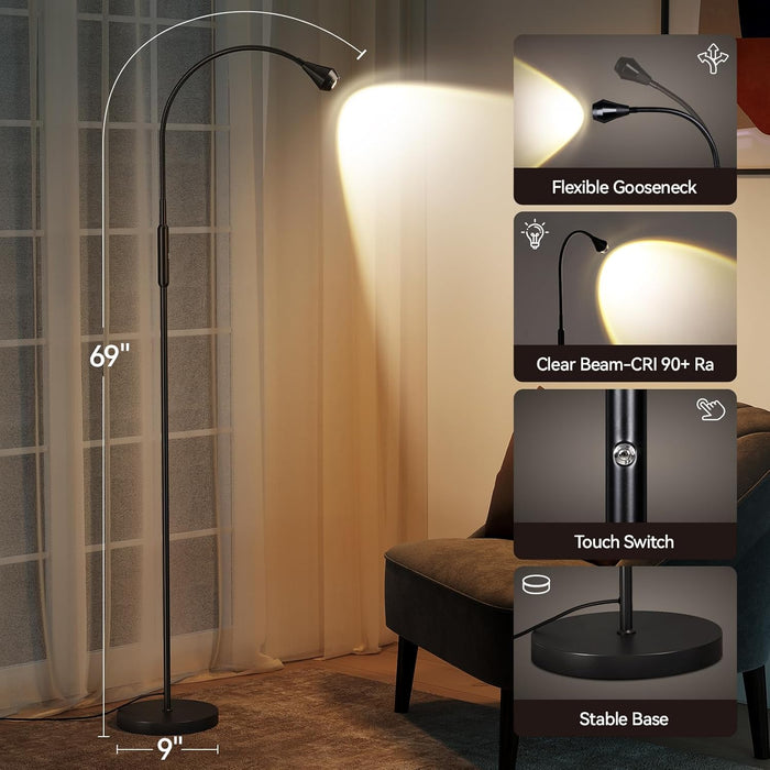 Adjustable LED Beam Floor Lamps for Living Room, Reading Lamp with Flexible Gooseneck, Dimmable Zoomable Spotlight, Work Light, Touch Control, Task Crafting Standing Lamp for Office Bedroom