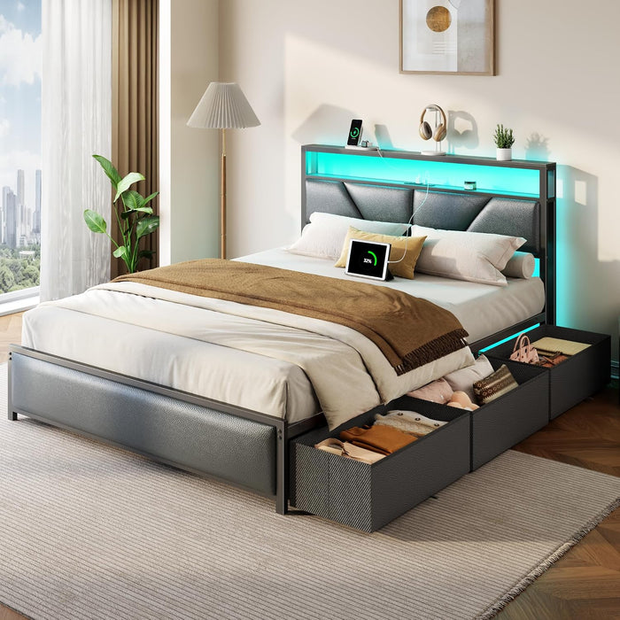 Queen Bed Frame with Storage Headboard, 6 Drawers, LED & Charging