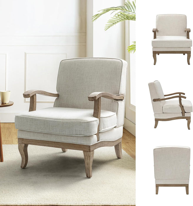 Ivory Upholstered Mid-Century Armchair With Wooden Legs
