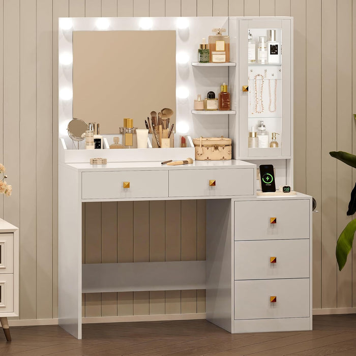 Vanity Desk with Mirror and Lights, White Makeup Vanity Mirror with Lights Desk with 5 Drawers, Jewelry Organizer& LED Glass Cabinet, 3 Light Mode Dressing Table Set for Girls, Women