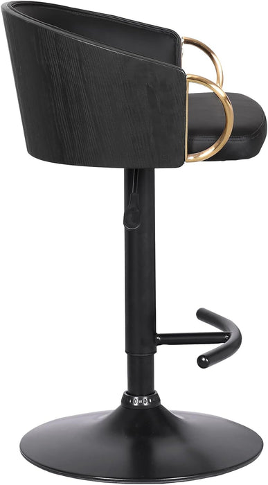 Solstice Adjustable Black Faux Leather Swivel Barstool with Black Powder Coated Finish and Gold Accents