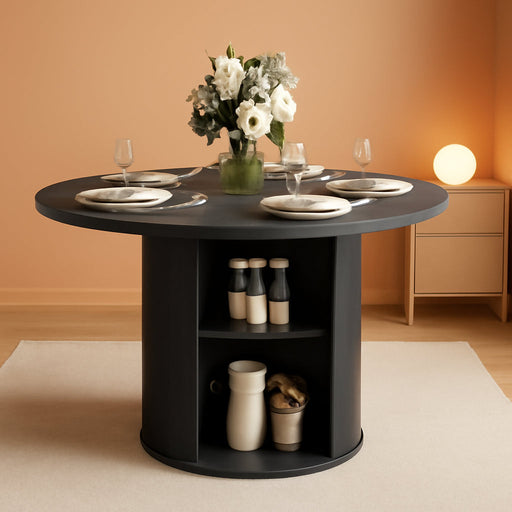47 Inch round Dining Table for 4, Kitchen Table Dinner Table with 2-Layer Storage Shelf and Wood Slide Door for Home Dining Room Living Room (Black)