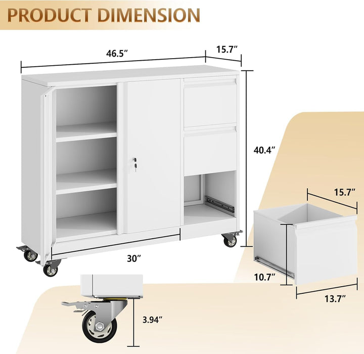 Forty Seven Inch BrilliantWhiteFinish Rolling File Cabinet